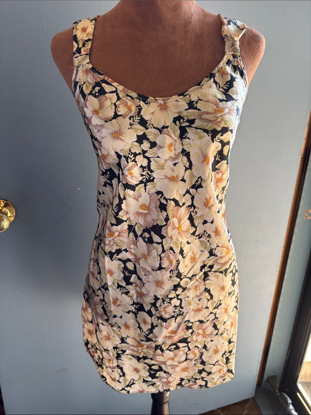 Sleeveless Floral slip Mini Dress in Black satin with Cream & Pink Blooms